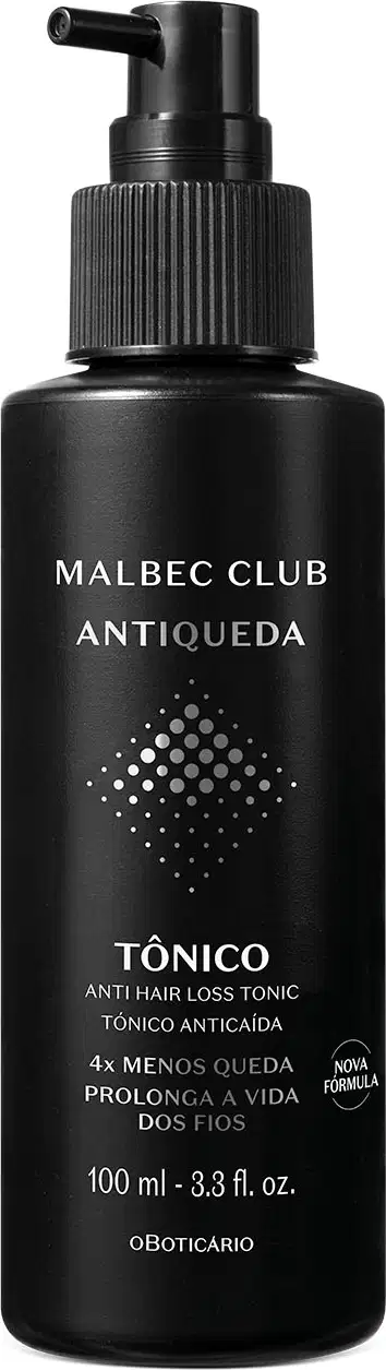 Frasco preto co bico dosador e letras brancas contendo 100ml de tônico capilar da marca Malbec Club Antiqueda.