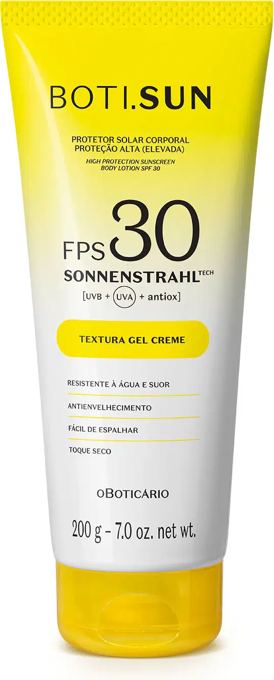 Bisnaga amarela e branca com tampa amarela e letras pretas contendo 200g de protetor solar corporal FPS 30 da marca Boti.Sun.