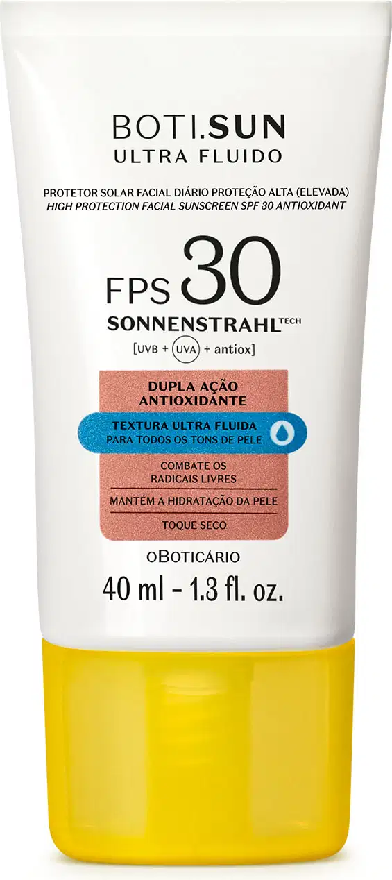 Frasco branco com tampa amarela, letras pretas e detalhes nas cores azul e laranja contendo 40ml de protetor solar facial antioxidante FPS 30 Ultra Fluído da marca Boti.Sun.