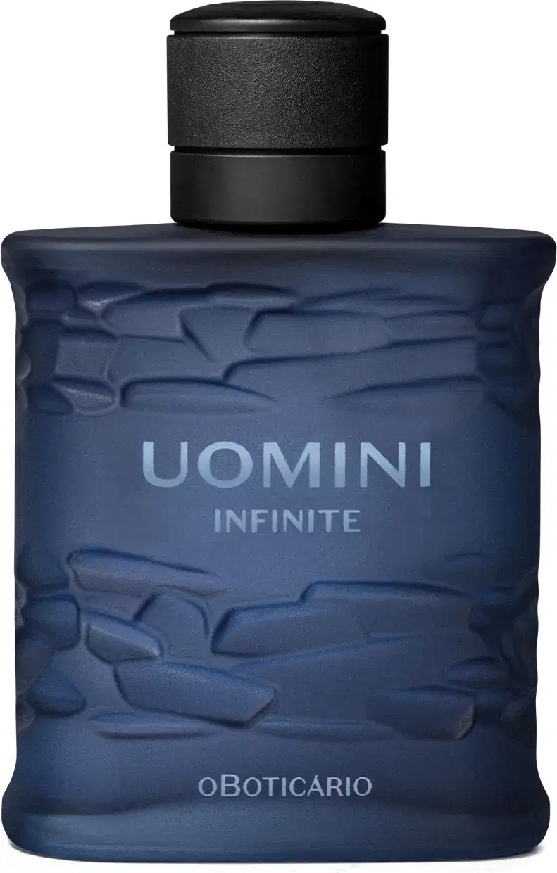 Frasco retangular azul marinho com texturas onduladas, tampa preta e letras com degradê em tons de azul, contendo 100ml de desodorante colônia da marca Uomini Infinite.