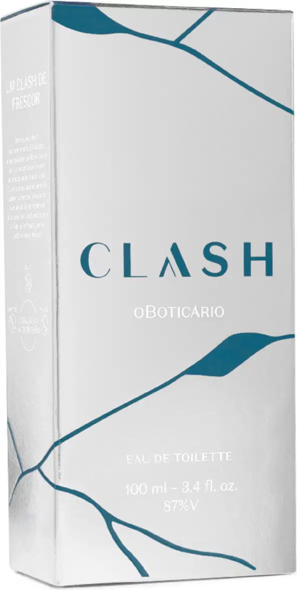 Caixa branca com detalhes em azul-petróleo contendo item de perfumaria da marca Clash, com texto "Clash Oboticarío" em destaque.