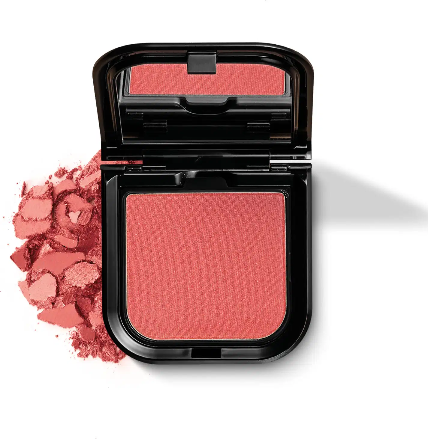Blush em pó mate Luminoso Berry Make B. na cor rosa intenso em estojo quadrado preto de cantos arredondados com espelho na tampa. Um pouco do produto está esfarelado ao lado da embalagem.