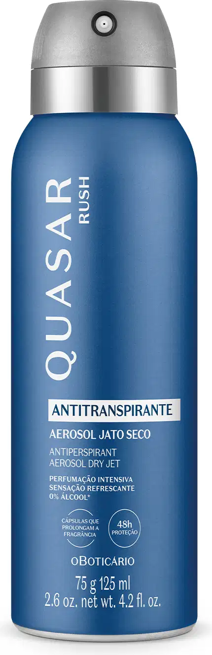 Frasco azul com rótulo e tampa nas cores prata e cinza contendo 75g/125ml de desodorante antitranspirante aerossol Quasar Rush.