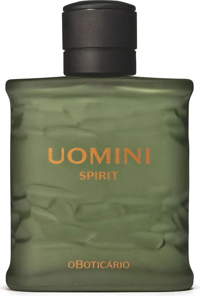 Frasco retangular em tom de verde oliva com tampa texturizada preta e letras laranjas contendo 100ml de desodorante colônia Uomini Spirit.