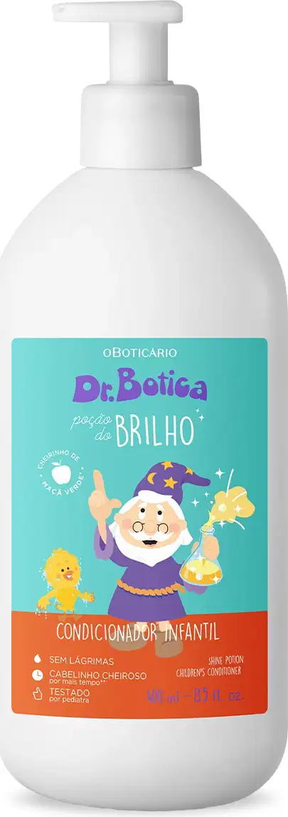 Condicionador Poção do Brilho da marca Dr. Botica em um frasco de 400ml na cor branca, bomba dosadora e rótulo azul e laranja com ilustração do personagem da marca.