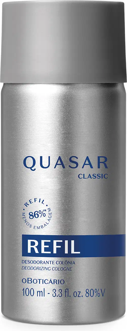 Refil de desodorante colônia Quasar Classic em frasco prateado com detalhes e letras azuis, contendo 100ml do produto.