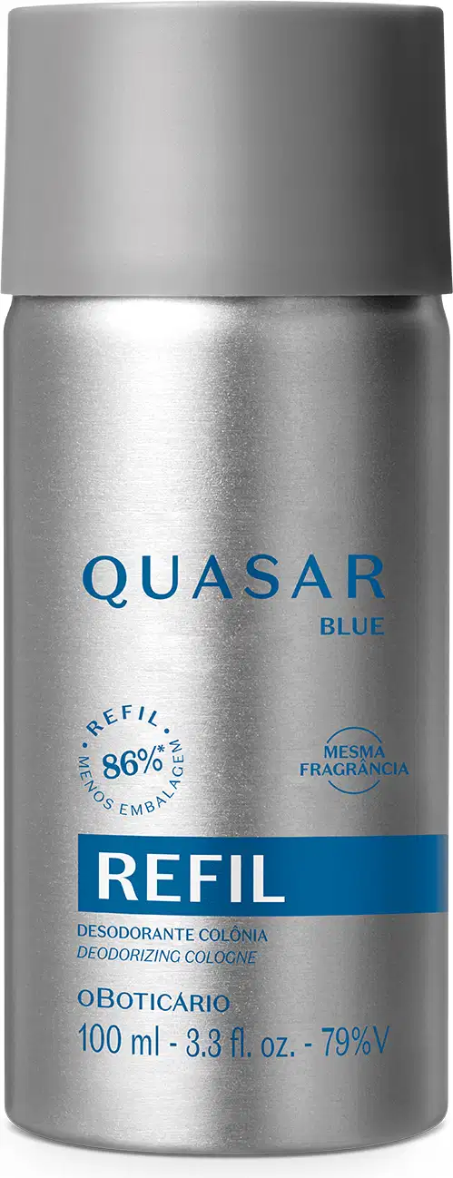 Refil de desodorante colônia Quasar Blue em embalagem cilíndrica de metal prateado com tampa superior na mesma cor. Rótulo azul e branco com o nome do produto em destaque.