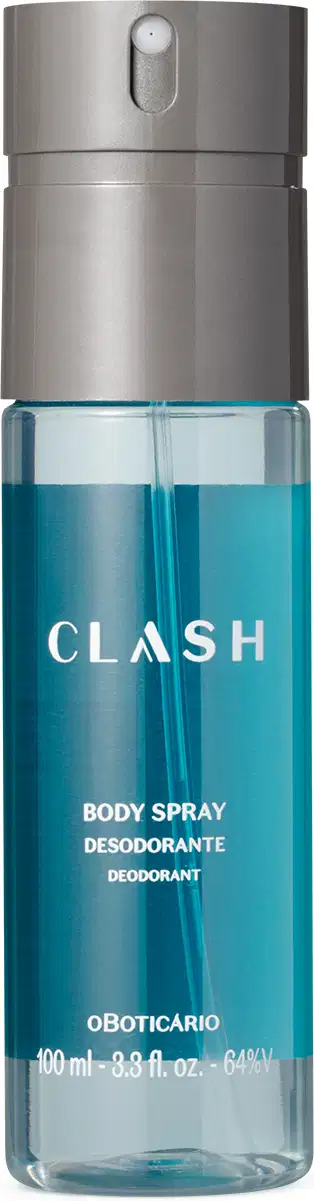 Frasco cilíndrico de spray corporal da marca Clash, com corpo transparente e tampa borrifadora cinza, contendo líquido azul-esverdeado, com texto "CLASH BODY SPRAY DESODORANTE" impresso no rótulo.