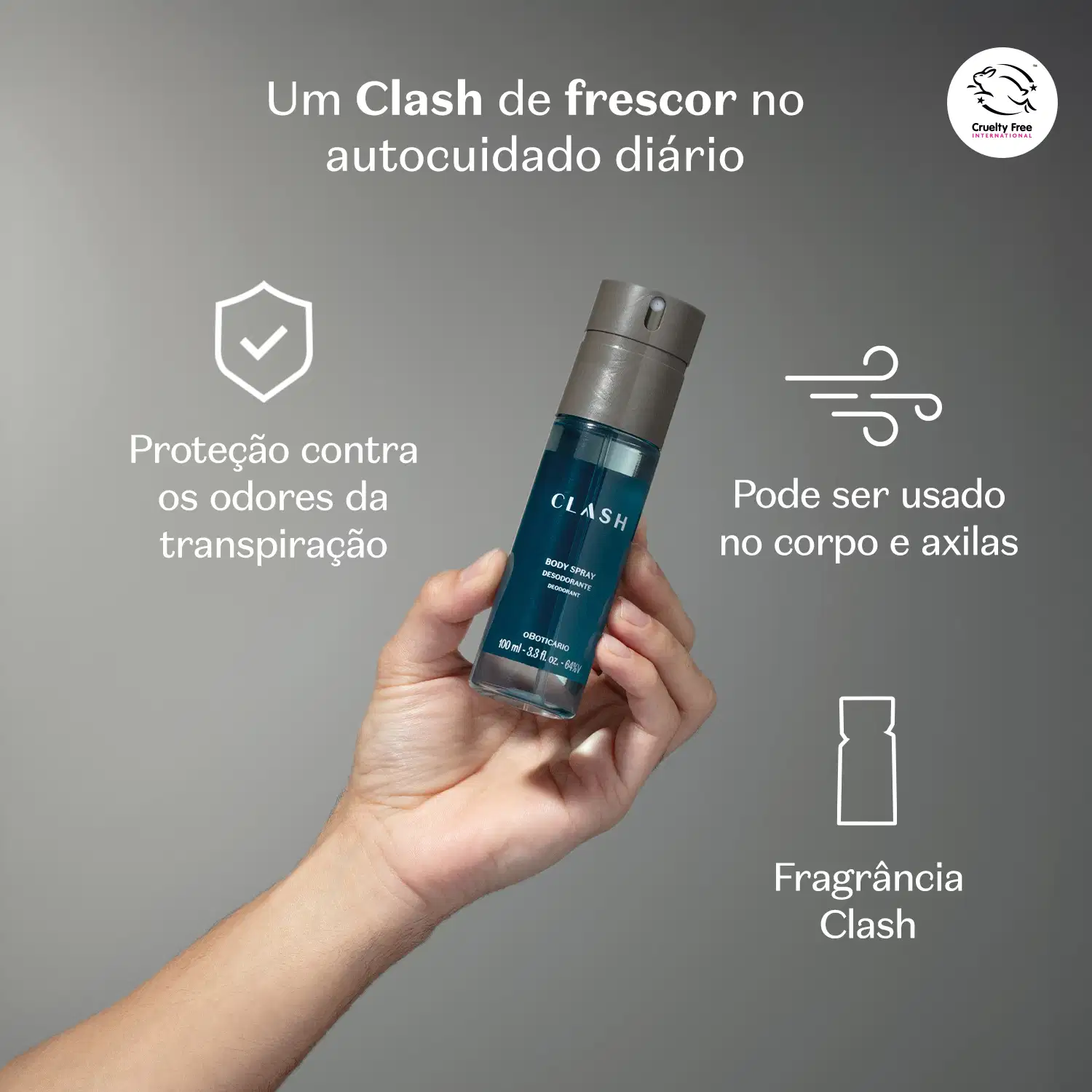 Embalagem de item de perfumaria da marca Clash sendo segurado por mão masculina sobre fundo cinza, onde se lê o texto em branco "Proteção contra os odores da transpiração" e "Pode ser usado no corpo e axilas".