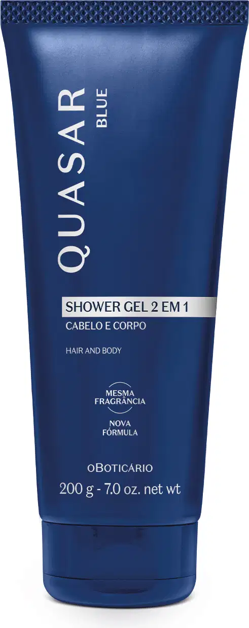 Bisnaga de cor azul escuro com letras brancas contendo 200g de shower gel cabelo e corpo Quasar Blue.