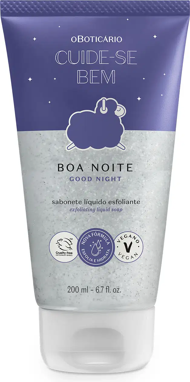 Bisnaga azul e lilás com tampa branca e desenho de ovelhinha ilustrado no rótulo contendo 200ml de sabonete líquido esfoliante Cuide-se Bem Boa Noite.