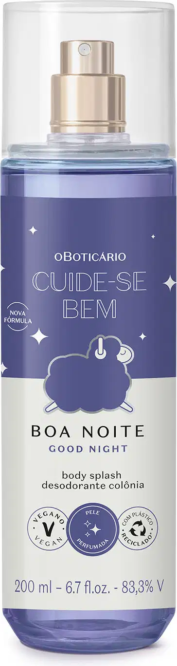 Frasco cilíndrico transparente com líquido azul claro, pulverizador prateado, tampa transparente e rótulo azul escuro e branco com ovelhinha ilustrada contendo 200ml de body splash da marca Cuide-se Bem Boa Noite.