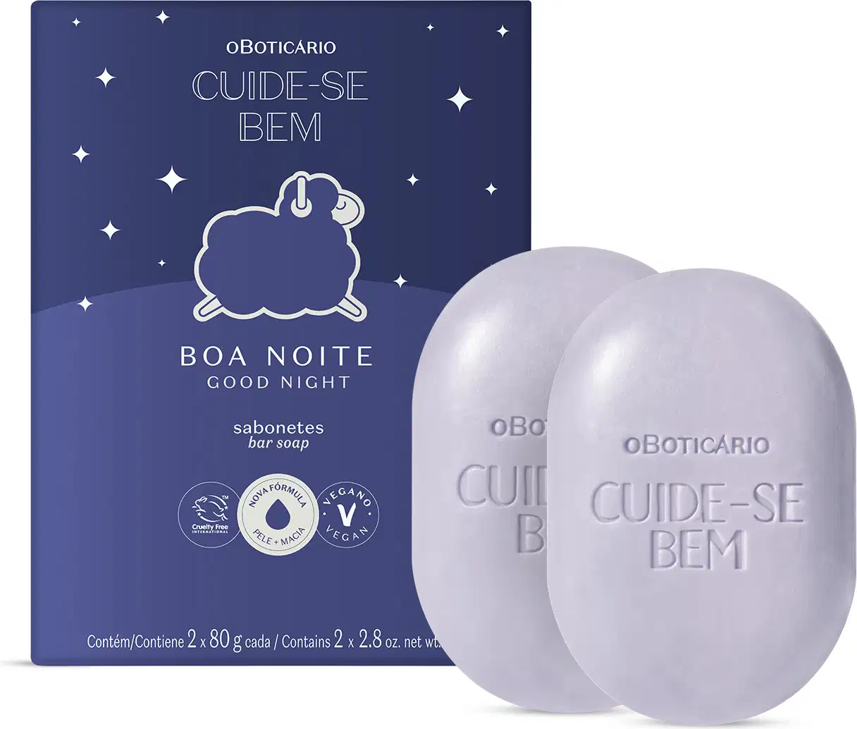Caixa azul escura com pequenas estrelinhas e ovelha ilustrada ao lado de dois sabonetes em barra azuis contendo 90g cada um, da marca Cuide-se Bem Boa Noite.