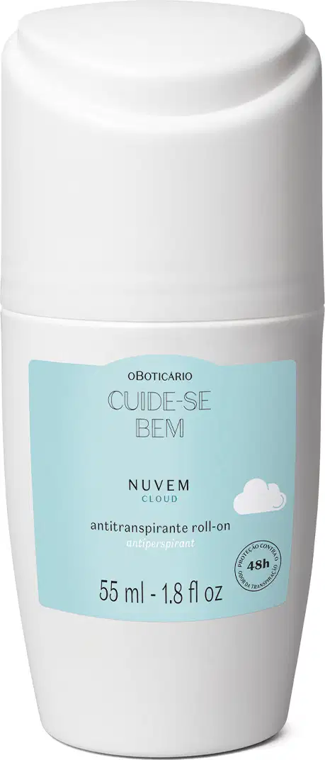 Frasco branco com rótulo azul claro e nuvens ilustradas contendo 55ml de antitranspirante roll-on Cuide-se Bem Nuvem.
