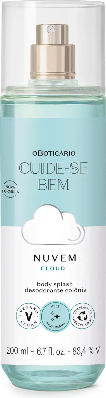 Frasco transparente com líquido azul, pulverizador prateado, tampa transparente e rótulo azul e branco com ilustração de nuvem contendo 200ml de body splash Cuide-se Bem Nuvem.