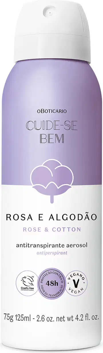 Frasco branco e lilás com ilustração de flor de algodão contendo 125ml de desodorante antitranspirante aerossol da marca Cuide-se Bem Rosa e Algodão.