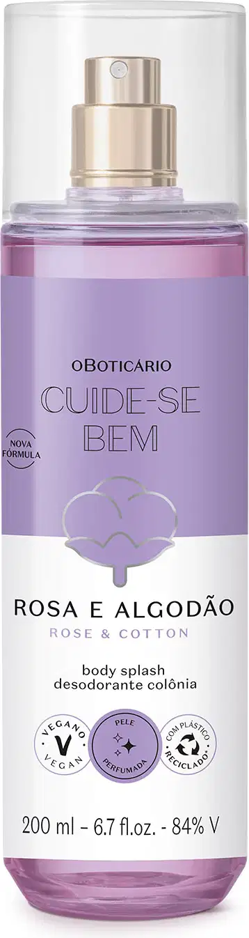 Frasco cilíndrico com líquido azul, pulverizador prateado, tampa transparente e rótulo azul e branco com flor de algodão ilustrada contendo 200ml de body splash Cuide-se Bem Rosa e Algodão.