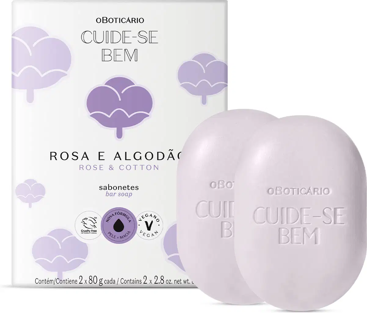 Caixa branca com flores de algodão ilustradas em tons de lilás ao lado de dois sabonetes em barra em formato oval na cor branca da marca Cuide-se Bem Rosa e Algodão contendo 80g cada um.