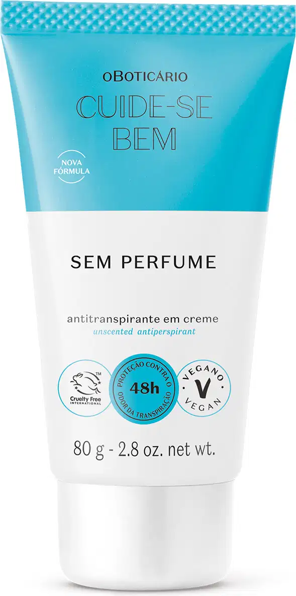 Bisnaga branca e azul com letras pretas e detalhes azuis de desodorante em creme sem perfume Cuide-se Bem.