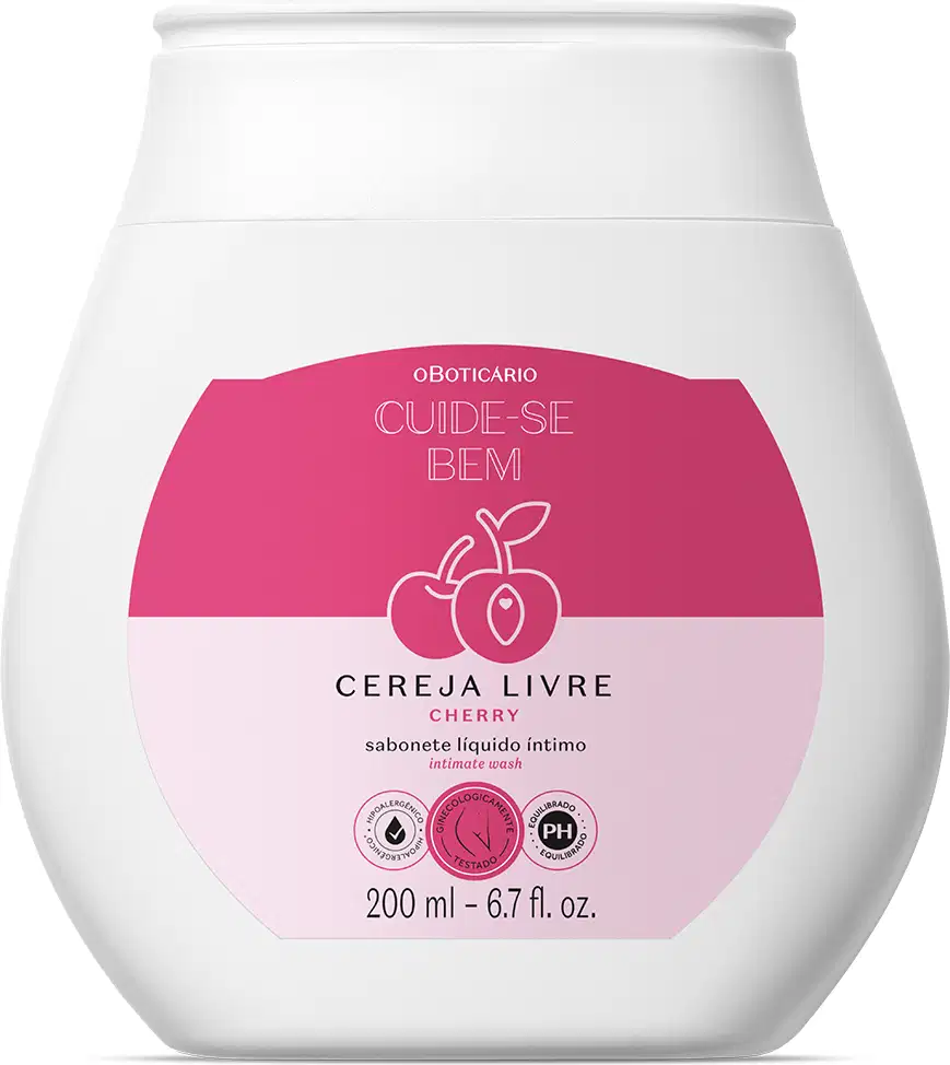 Frasco branco com rótulo rosa com a marca Cuide-se Bem Cereja Livre e imagem de cereja, contendo 200ml de sabonete líquido íntimo.