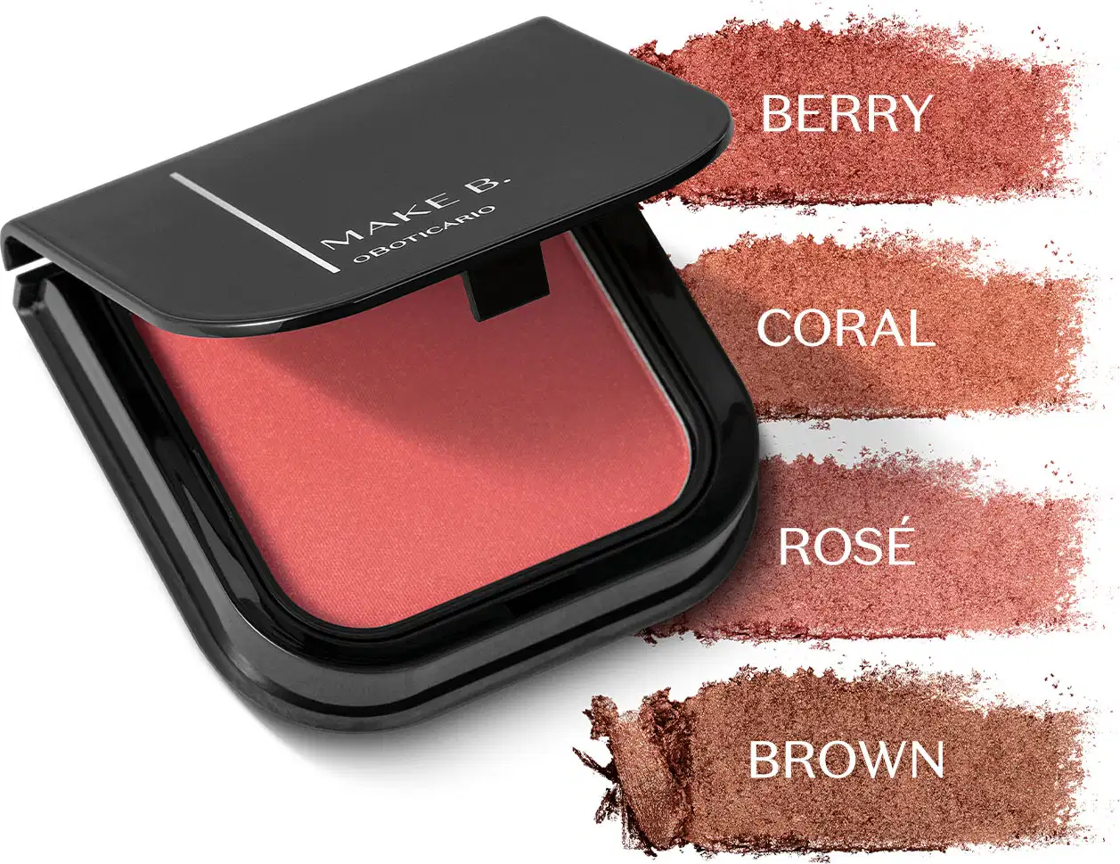 Blush em pó mate Luminoso Make B.em estojo quadrado preto de cantos arredondados e o nome da marca gravado na tampa em letras brancas. Ao lado da embalagem, há uma amostra das cores do produto com os seus respectivos nomes.