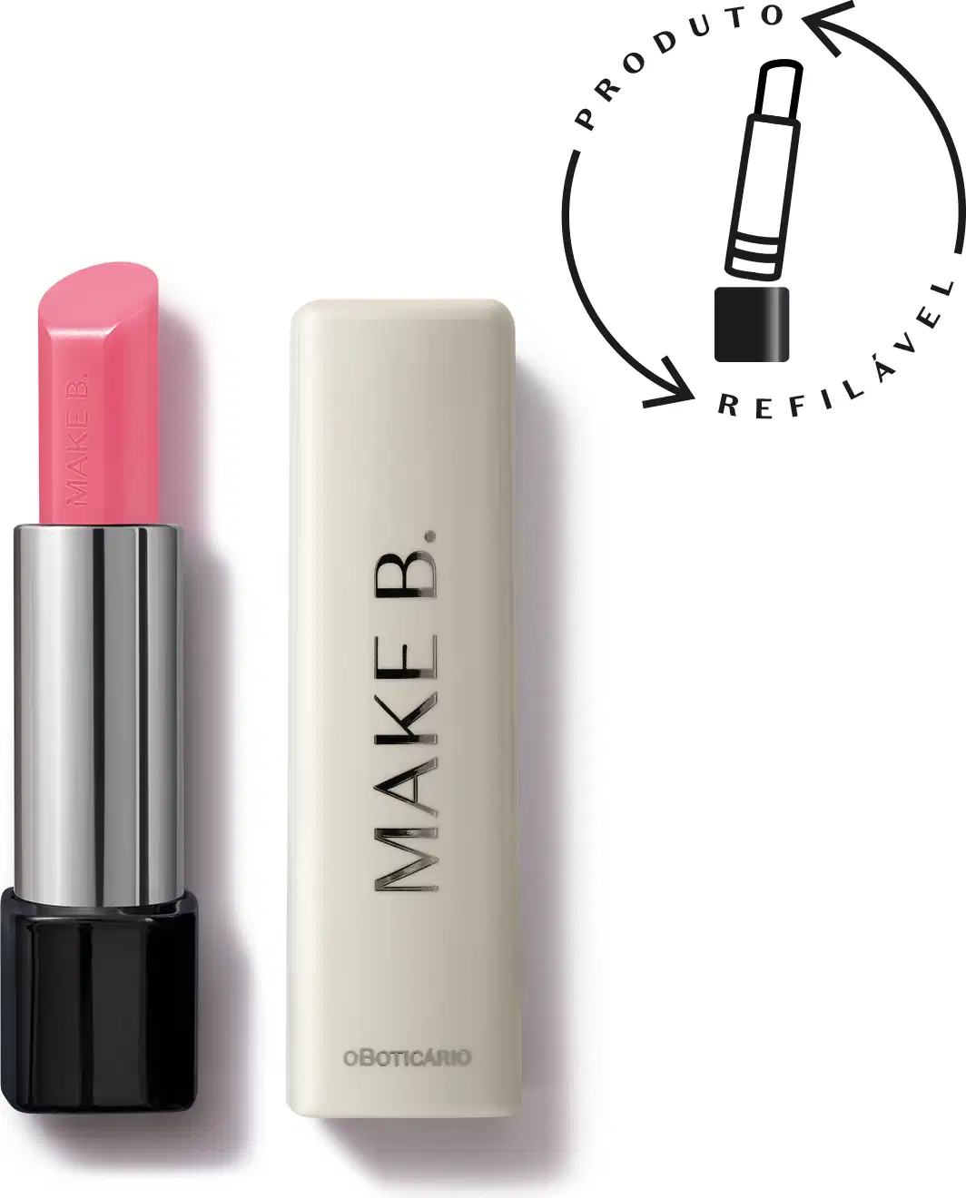 Balm labial Micro Tint na cor Rosa Rosewatere da marca Make B. em uma embalagem com fundo preto, corpo prateado e tampa branca com a marca gravada nela. Ao lado, uma imagem mostrando se tratar de um produto refilável.