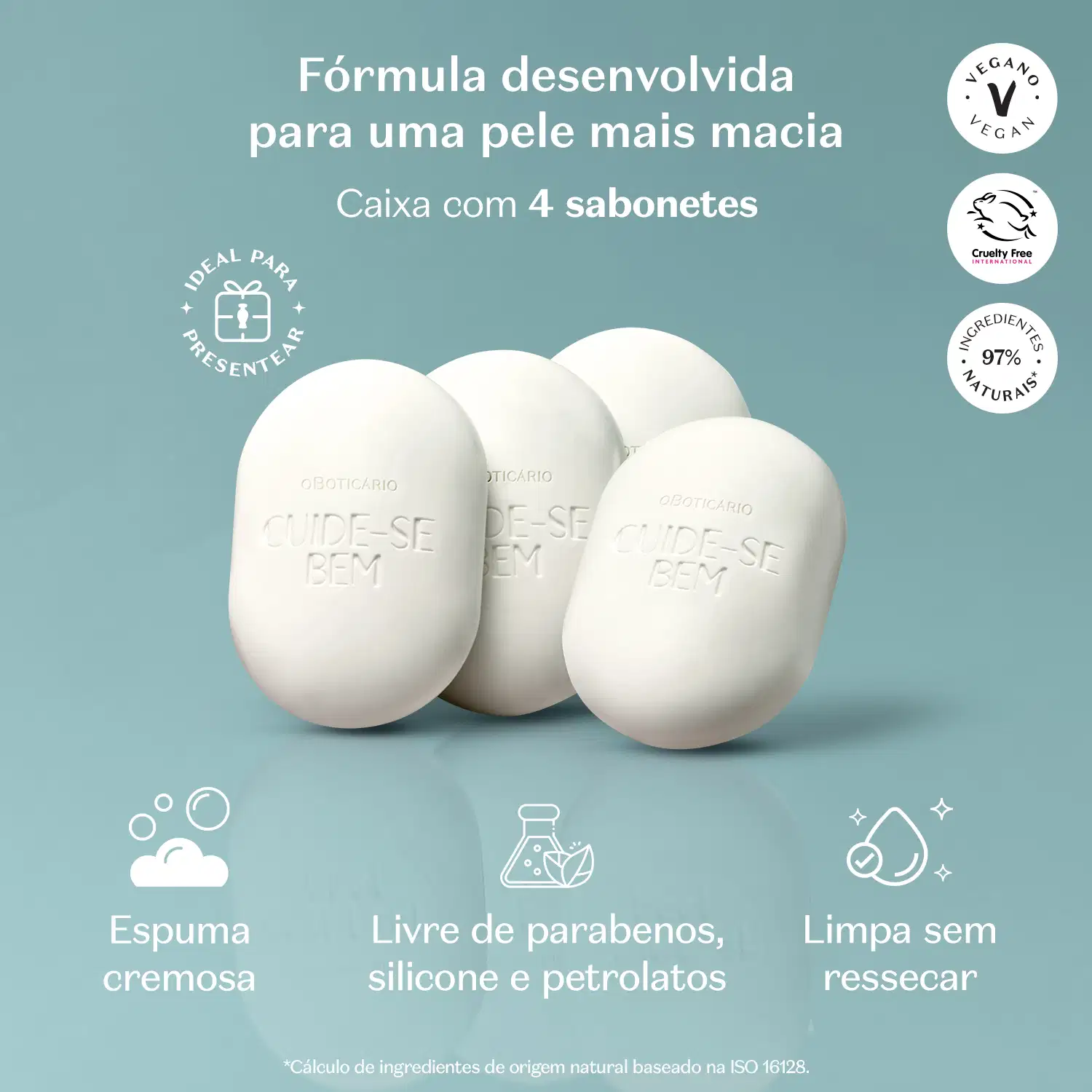 Quatro sabonetes em barra ovalados brancos da marca Cuide-se Bem Nuvem em fundo azul e letras brancas ao fundo informando as características e benefícios do produto.