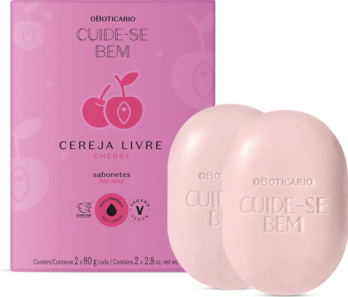 Caixa roxa com letras pretas e cerejas rosa ilustradas ao lado de dois sabonetes em barra brancos em formato ovalado da marca Cuide-se Bem Cereja Livre, contendo 80g cada um.