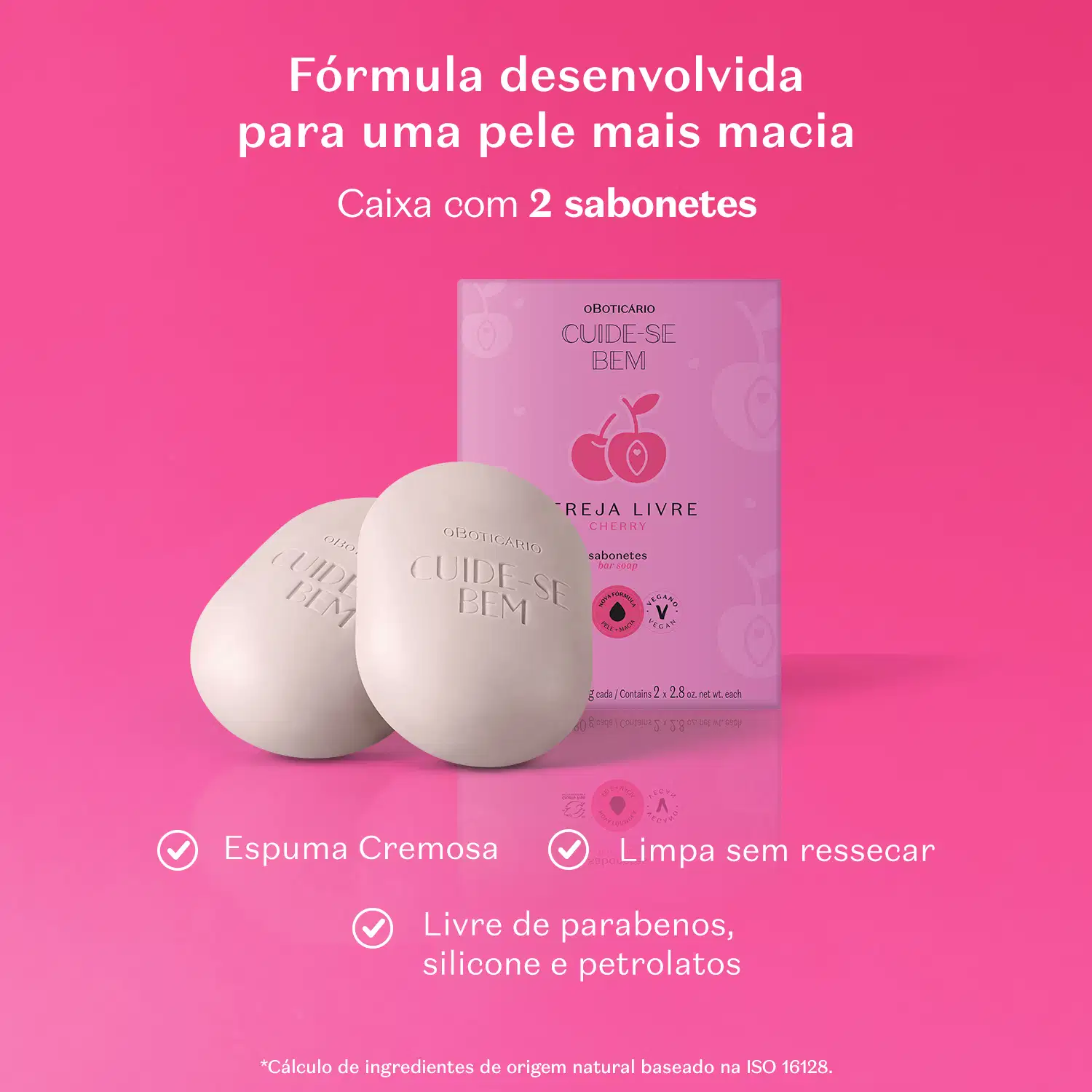 Caixa roxa com letras pretas e cerejas rosa ilustradas ao lado de dois sabonetes em barra brancos em formato ovalado da marca Cuide-se Bem Cereja Livre em fundo rosa com letras brancas informando os benefícios do produto.