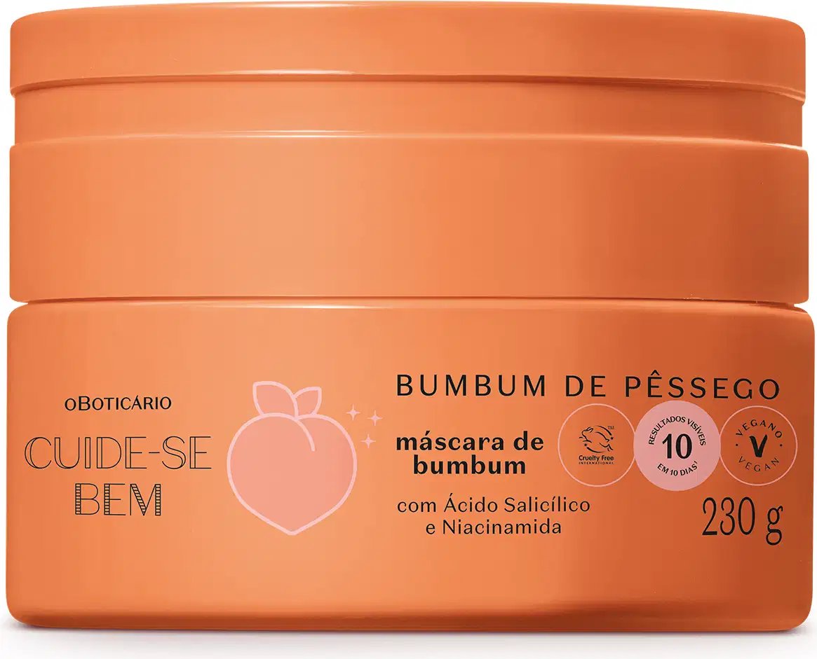Pote laranja com rótulo em letras pretas contendo 230g de máscara de hidratação com ácido salicílico e niacinamida da marca Cuide-se Bem Bumbum de Pêssego.
