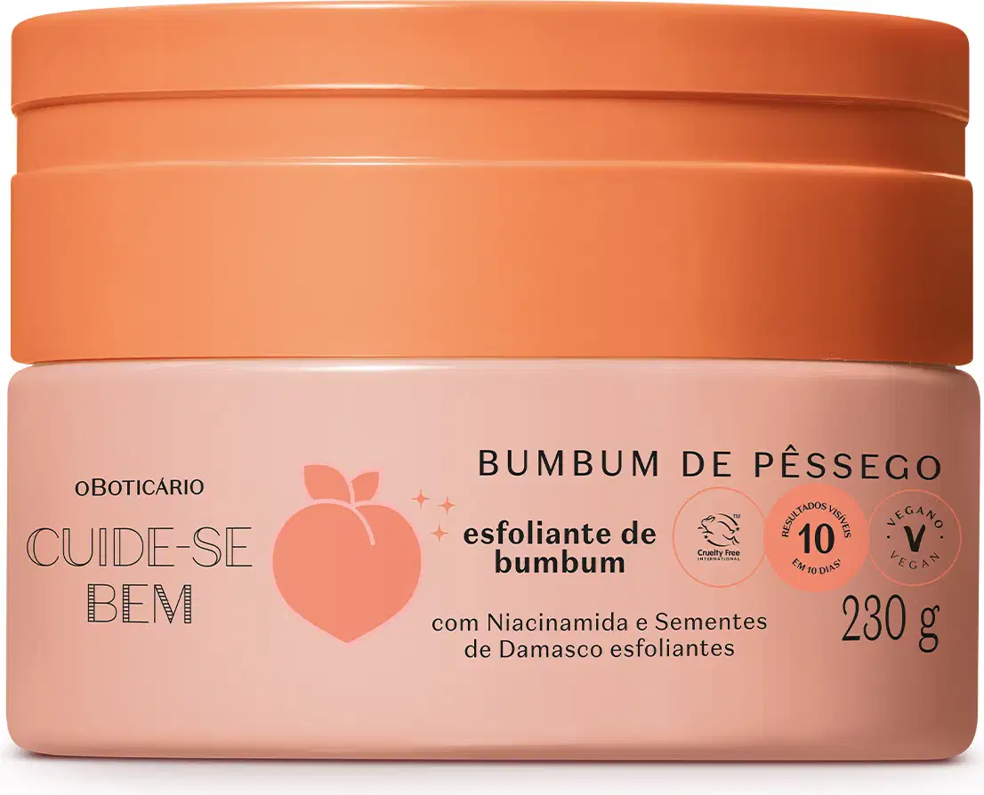 Pote em tons de rosa com letras pretas e pêssego ilustrado contendo 230g de creme esfoliante de bumbum Cuide-se Bem Bumbum de Pêssego.