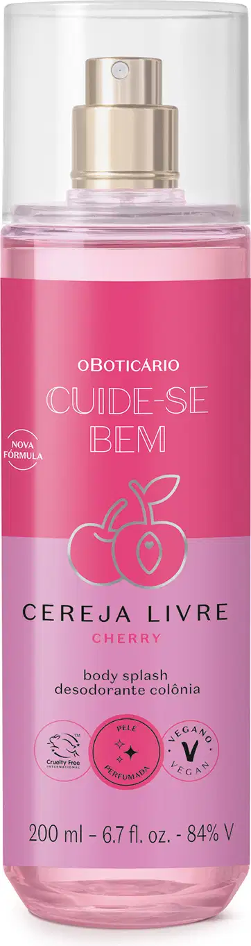 Frasco transparente com líquido rosa, pulverizador prateado, tampa transparente e rótulo rosa e lilás com ilustração de cerejas contendo 200ml de body splash Cuide-se Bem Cereja Livre.