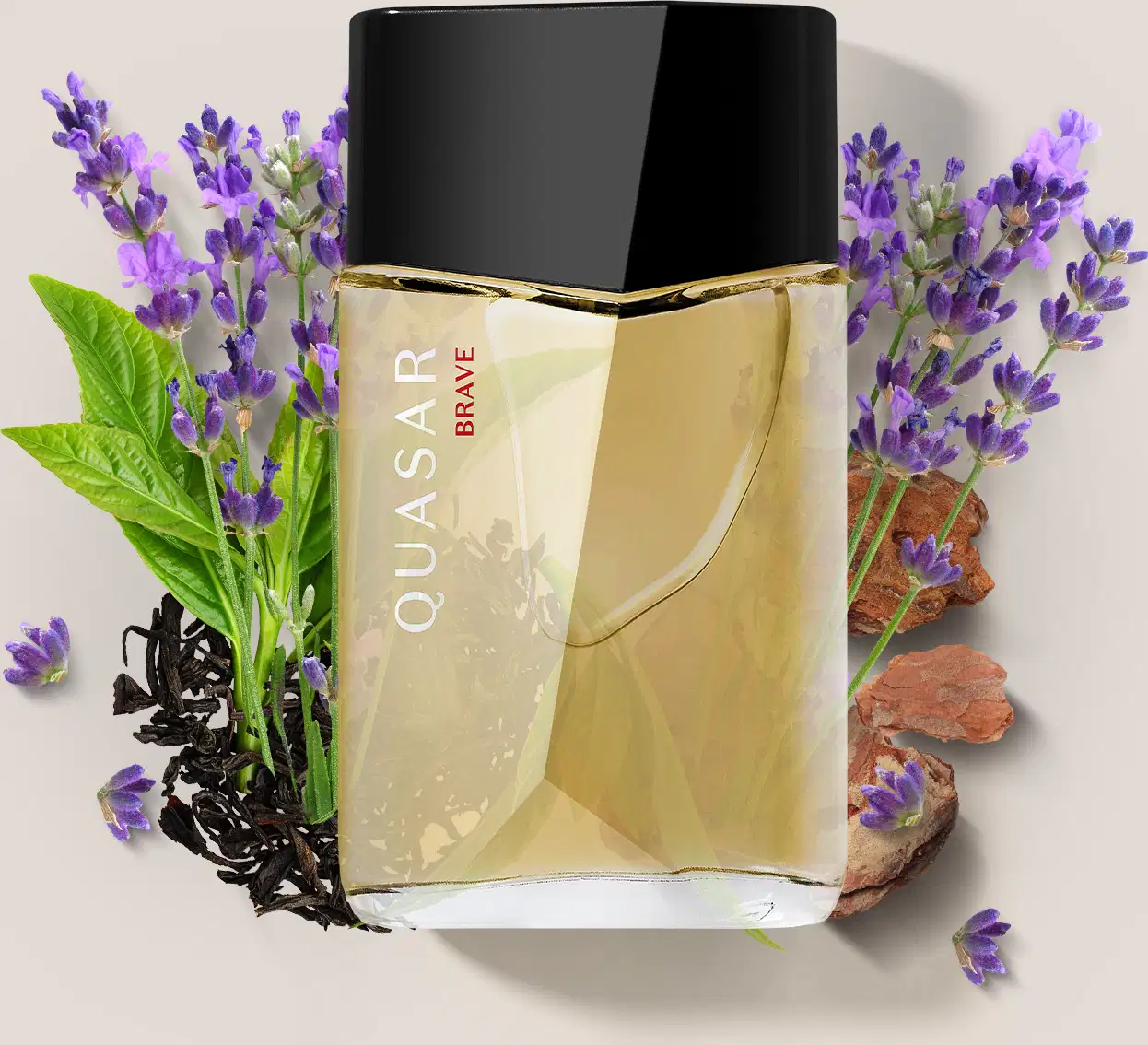 Frasco de desodorante colônia da marca Quasar Brave sobre superfície clara, rodeado por folhas verdes e flores roxas de lavanda.