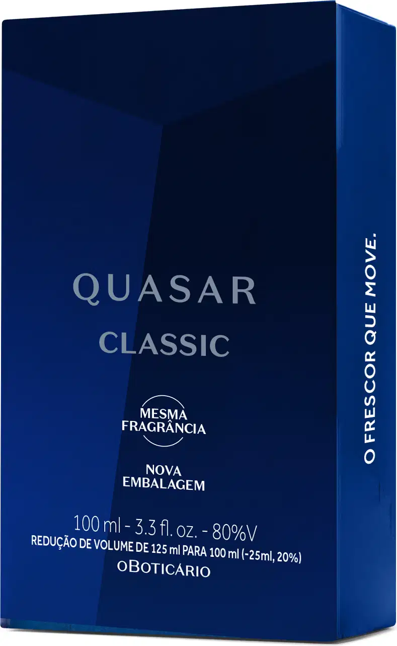 Caixa azul escuro com letras brancas contendo um vidro de desodorante colônia Quasar Classic.