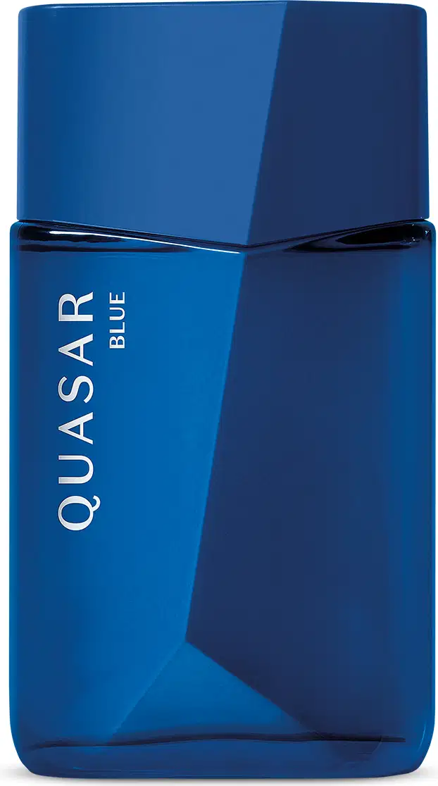 Frasco de vidro em formato geométrico com letras amarelas contendo 100ml de desodorante colônia Quasar Blue.