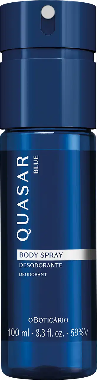 Frasco azul marinho com letras amarelas e detalhe branco contendo 100ml de body spray desodorante da marca Quasar Blue.