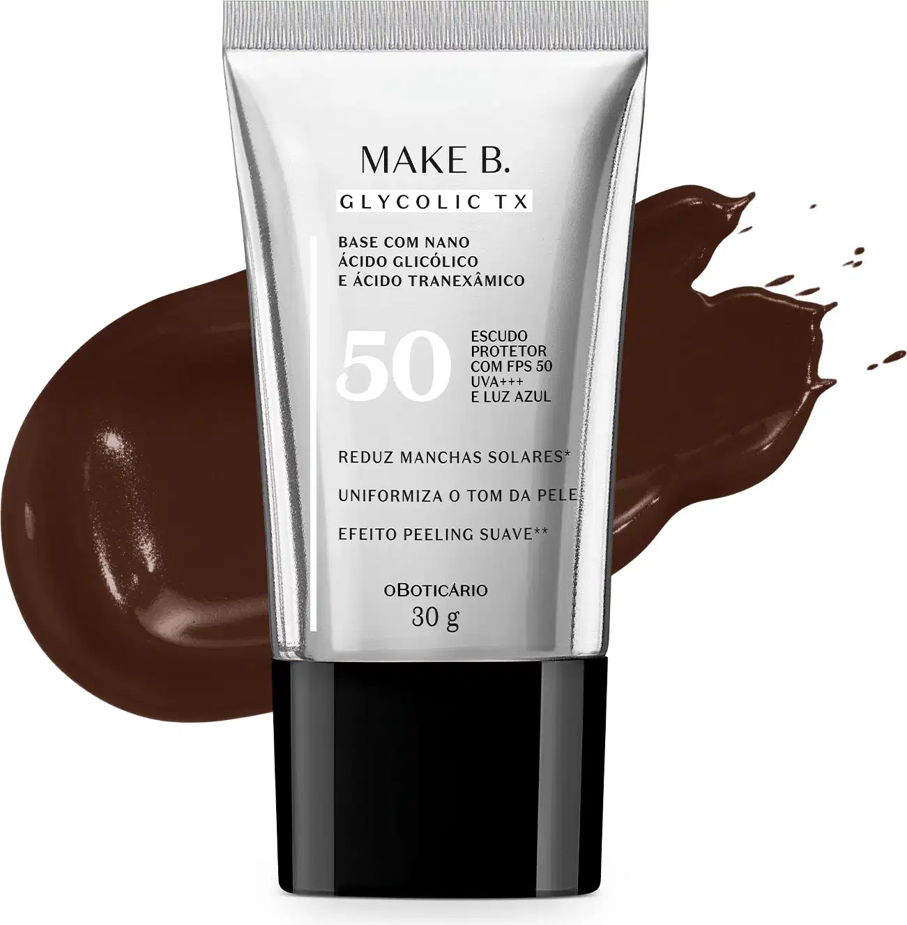 Tubo prateado com tampa e letras pretas da base líquida Make B. Glycolic cor 330 da marca Make B. Atrás da embalagem está a textura do produto, mostrando sua intensidade e a real cor da base.
