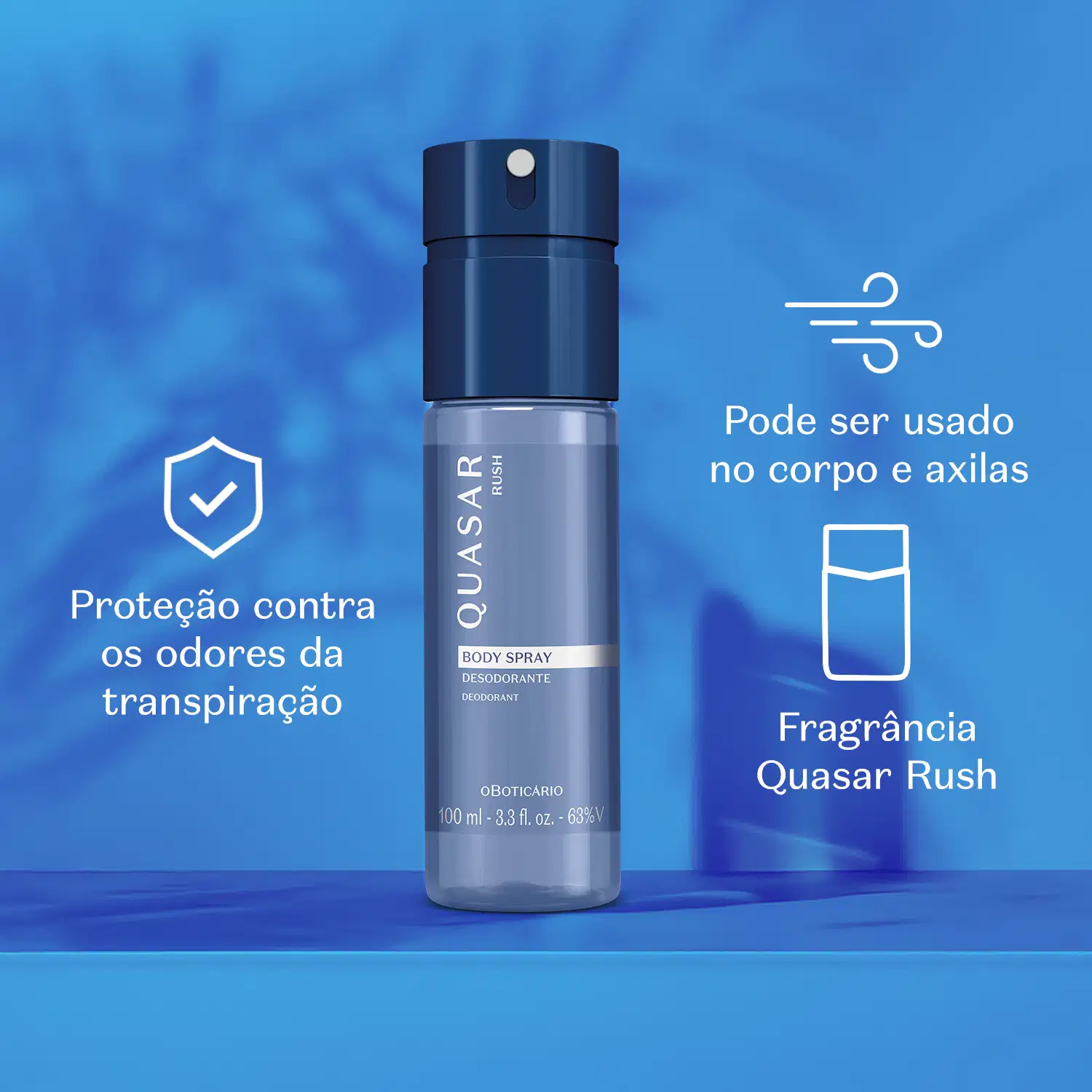 Embalagem de body spray Quasar Rush em fundo azul vibrante, com informações sobre proteção contra odores da transpiração e fragrância.