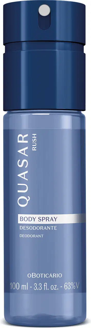 Frasco transparente de body spray azul com tampa preta da marca Quasar Rush com rótulo branco 100ml do produto.