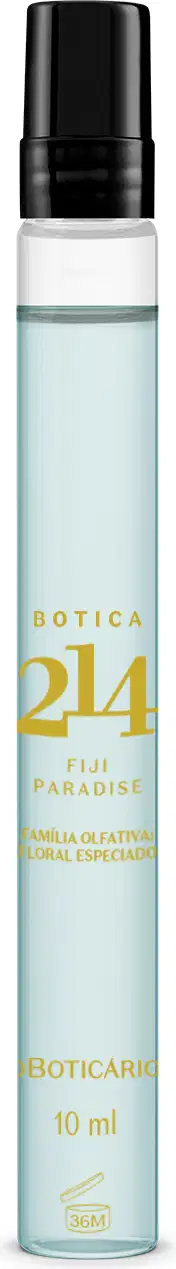 Vidro cilíndrico transparente com líquido azul claro, tampa preta e letras douradas contendo 10ml de Eau de Parfum feminino da marca Botica 214 Fiji Paradise.