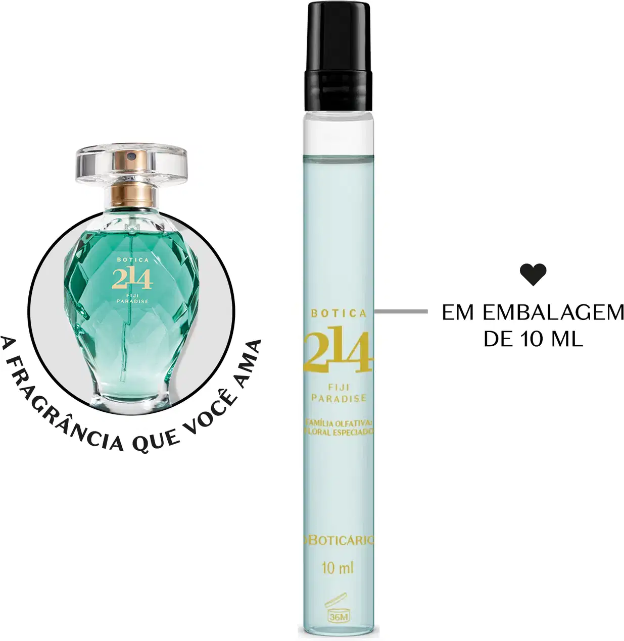 Vidro cilíndrico transparente com líquido azul, tampa preta e letras douradas contendo 10ml de Eau de Parfum feminino da marca Botica 214 Fiji Paradise. Ao lado, um vidro com líquido verde e tampa dourada da mesma fragrância.