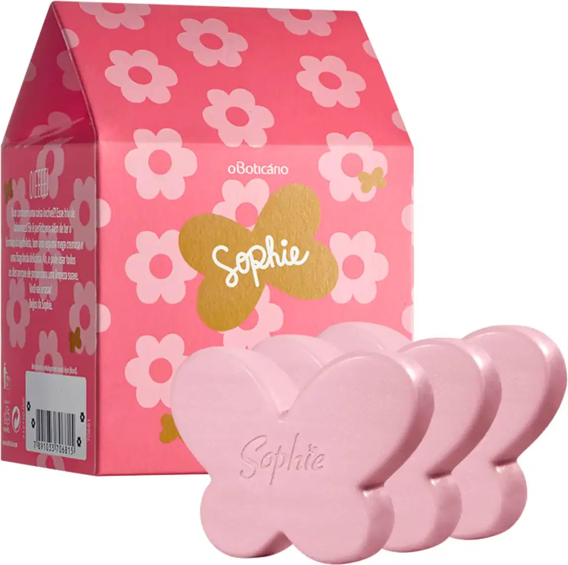 Caixa em formato de casinha na cor rosa com flores amarelas acompanhado de três sabonetes em barra em formato de borboleta na cor lilás da marca Sophie, contendo 80g cada um.