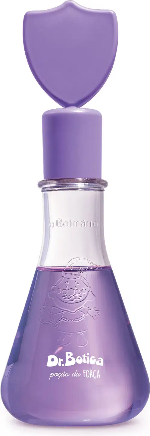 Frasco transparente simulando vidro laboratorial com líquido roxo, tampa com um escudo na tampa da mesma cor, contendo 120ml de colônia infantil Poção da Força da marca Dr. Botica.