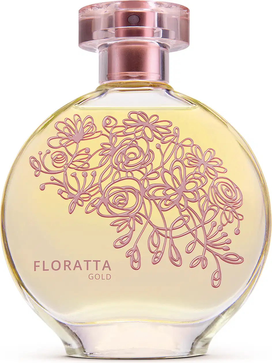 Vidro transparente redondo com florais em relevo e líquido dourado, borrifador também dourado e tampa transparente contendo 75ml de desodorante colônia Floratta Gold.