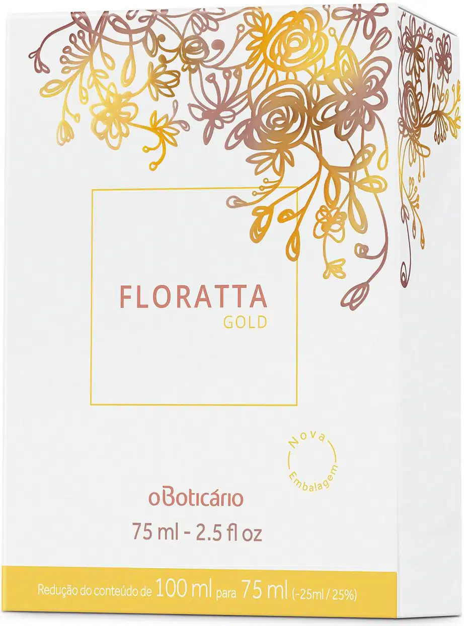 Caixa branca com flores laranjas e detalhe na mesma tonalidade contendo um vidro de 75ml de Floratta Gold.