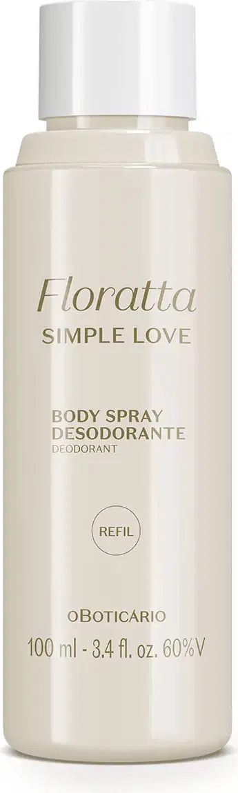 Refil de body splash Floratta Simple Love em frasco cilíndrico lilás com tampa branca e letras marrons.