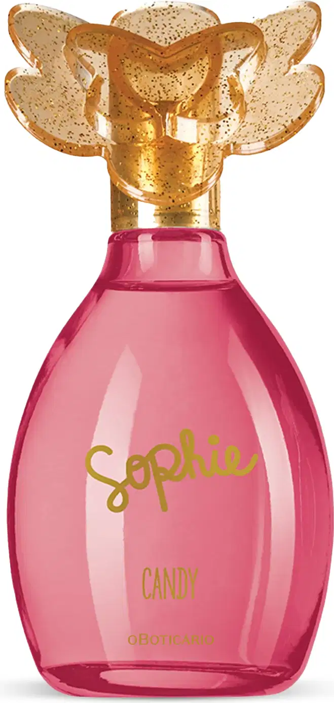 Frasco rosa com tampa dourada em formato de borboleta e rótulo com letras rosa escuro contendo 100ml de colônia infantil Sophie Candy.