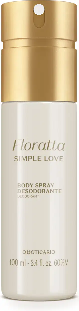 Frasco branco com tampa e letras douradas contendo 100ml de body spray Floratta Simple Love.