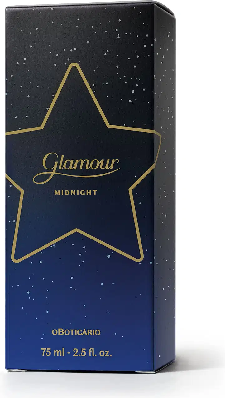 Caixa preta com estrela dourada e texto "Glamour Midnight". Embalagem retangular com fundo escuro e pontos brilhantes, contendo um vidro da fragrância.