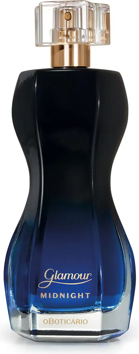 Vidro curvilíneo com degradê de preto e azul, borrifador dourado e tampa transparente contendo 75ml de desodorante colônia Glamour Midnight. Embalagem elegante e sofisticada.